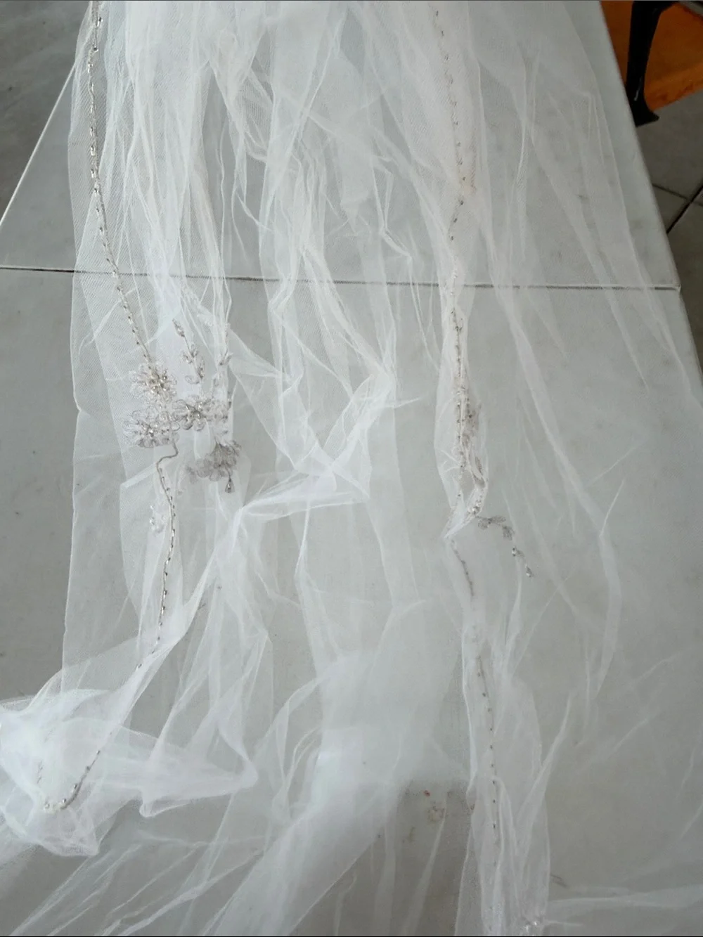 White Bridal Veil with Beaded Floral Appliqués